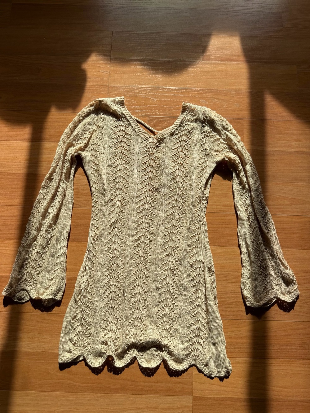 Cream Crochet Beach Cover Up Dress Long Sleeve Open Back